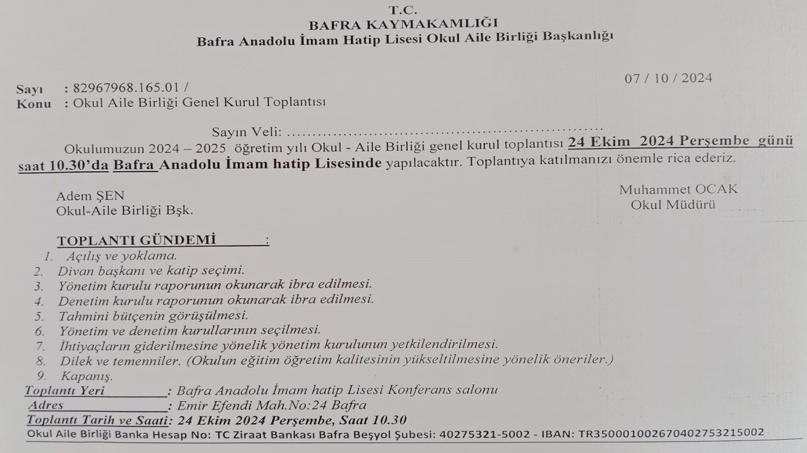 Okul Aile Birliği Genel Kurul Toplantımız 24 Ekim 2024 Perşembe Günü Okulumuzda Yapılacak.